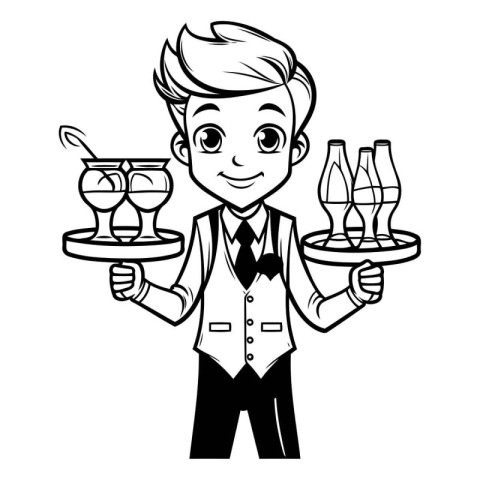 waiter with drinks icon cartoon black and white vector illustrat