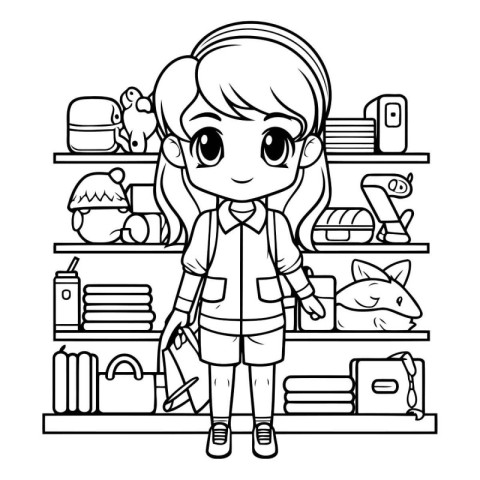 Cute little girl standing on the bookshelf. Black and white vect