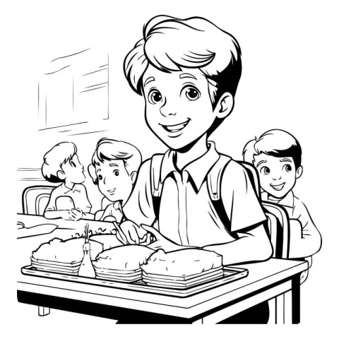 Black and White Cartoon Illustration of Father and Kids Having D