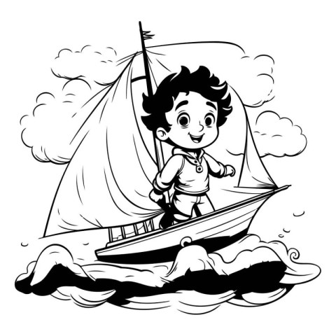 Boy on a sailboat in the sea. Black and white illustration.