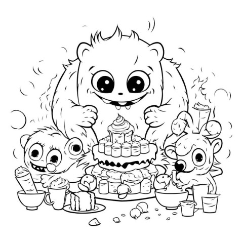 Cute cartoon bear eating cake. Black and white vector illustrati