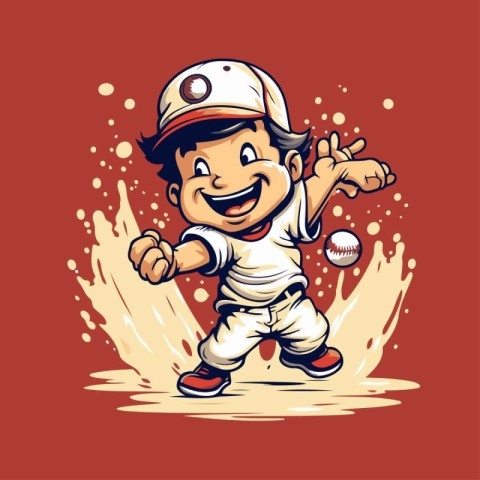 Vector illustration of Little boy playing baseball. Cartoon styl