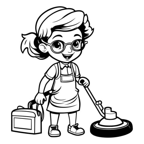 Cleaning Girl - Black and White Cartoon Illustration. Isolated O