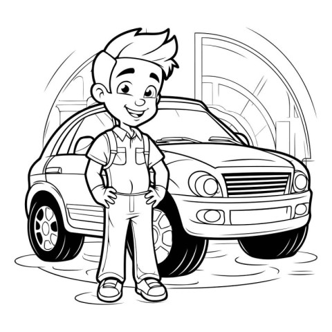 Black and White Cartoon Illustration of Teenage Boy Wearing Work