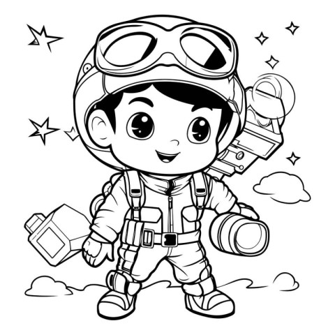 Black and White Cartoon Illustration of Kid Boy Astronaut Charac