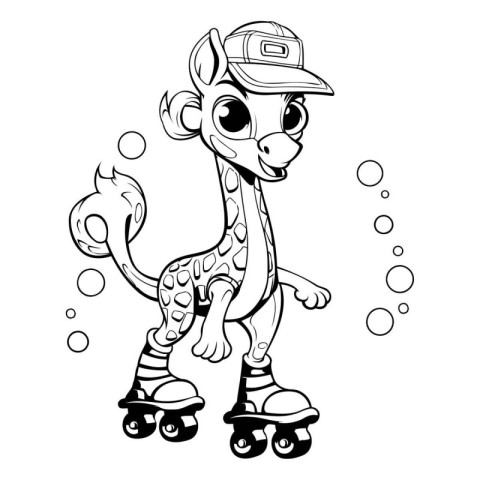 Black and White Cartoon Illustration of Cute Giraffe Roller Skat