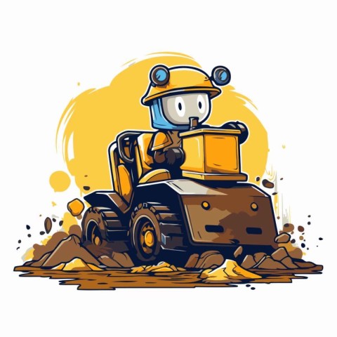 Illustration of a cartoon excavator on a construction site. Vect