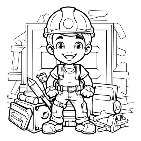 Black and White Cartoon Illustration of Kid Construction Worker