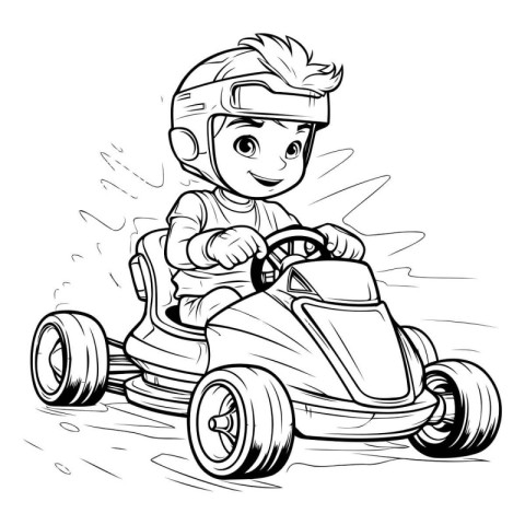 Cartoon little boy driving a race car. Vector illustration for c