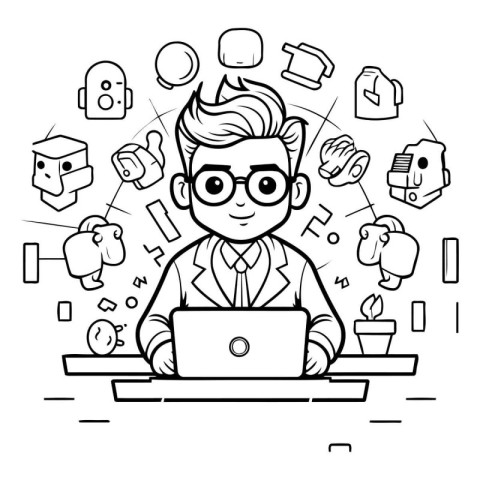 Businessman with laptop. Vector illustration in line art style.