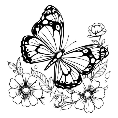 Butterfly and flowers. Black and white vector illustration for c