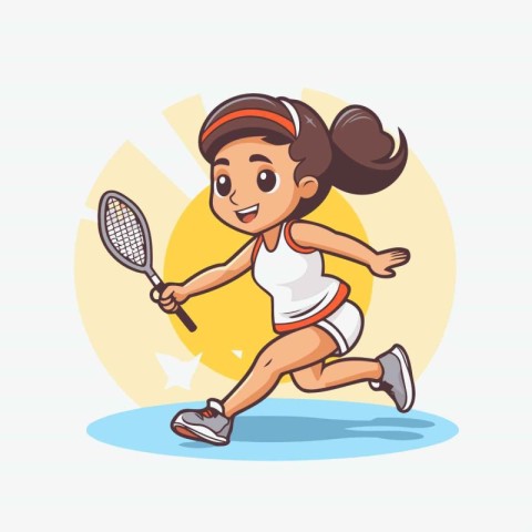 Cute girl playing badminton. Vector illustration in cartoon styl