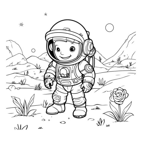 Coloring book for children: Astronaut in the field of flowers