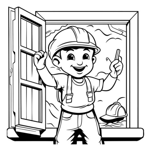 Black and white illustration of a boy in a construction helmet p