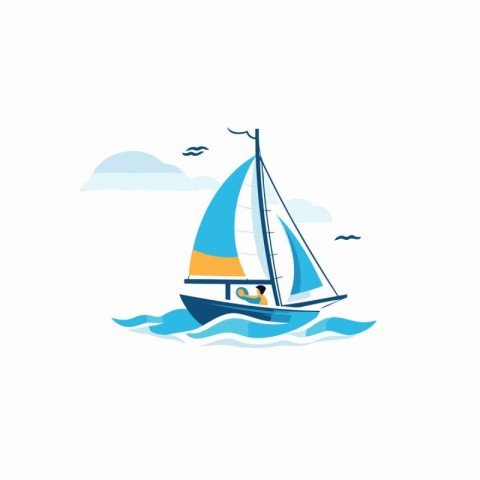 Sailing yacht in the sea. Vector illustration. flat design.