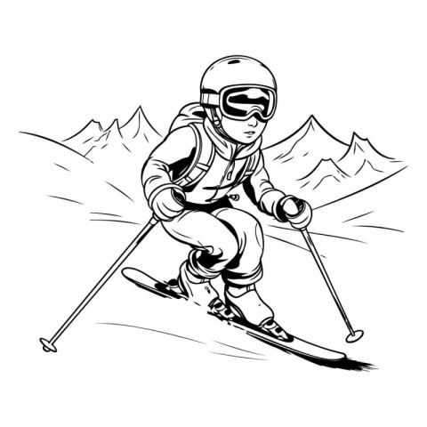 Vector illustration of skier in helmet and goggles skiing downhi