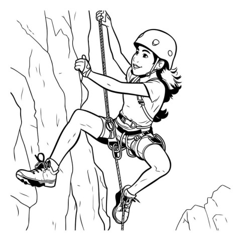 Outline of a young woman climbing up a cliff. vector illustratio