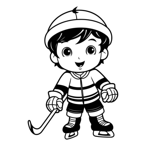 Cartoon boy playing hockey. Black and white vector illustration