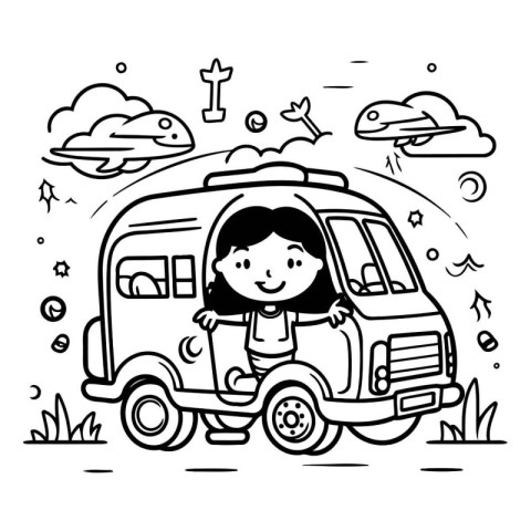 Vector illustration of happy little girl riding a minivan. Black