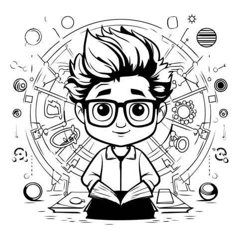 Black and White Cartoon Illustration of Schoolboy or Student for