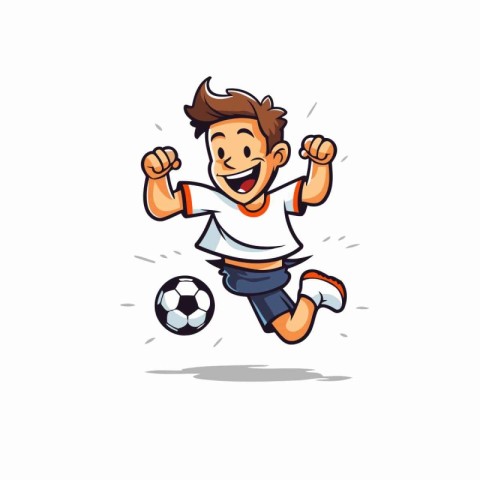 Cartoon soccer player jumping and kicking the ball. Vector illus