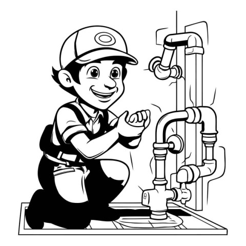 Plumber at work. Black and white vector illustration for colorin