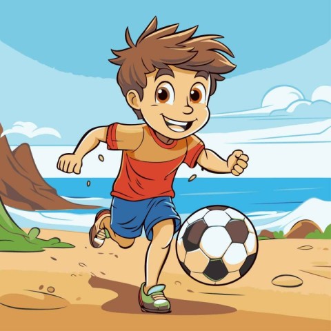 Boy playing soccer on the beach cartoon vector illustration eps