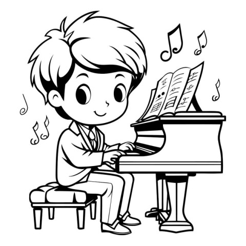 Illustration of a Little Boy Playing the Piano - Coloring Book