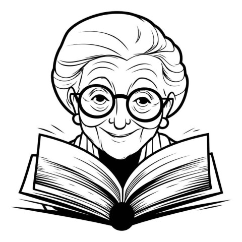 Grandmother reading a book. Vector illustration in black and whi