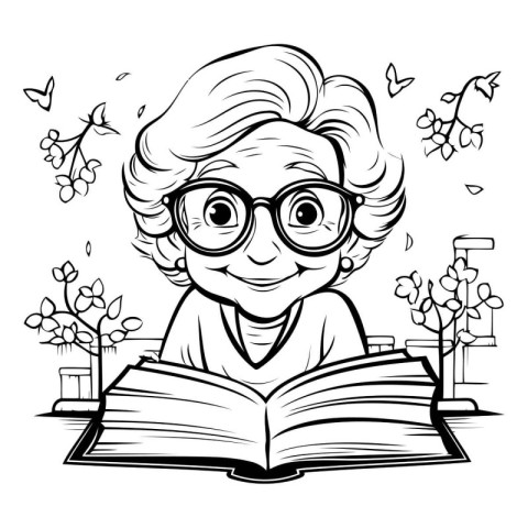 Grandmother reading a book - Black and White Cartoon Illustratio