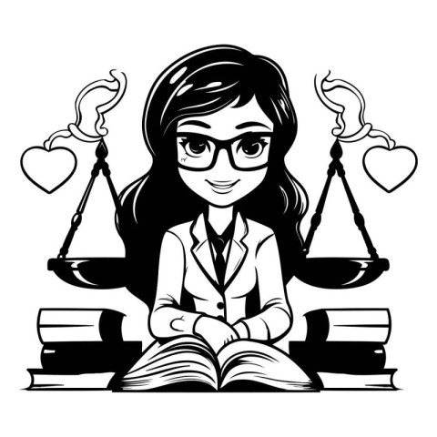 Black and White Cartoon Illustration of a Female Lawyer Reading