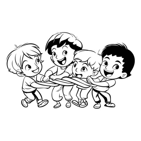 Group of kids playing tug of war. black and white vector illustr