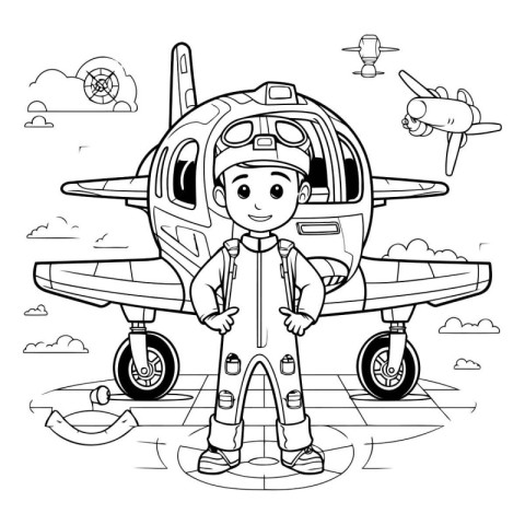 Black and White Cartoon Illustration of a Kid Boy Wearing a Spac