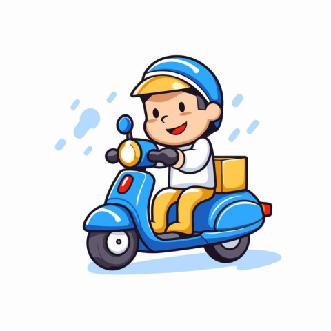 Cartoon delivery man on scooter. Vector illustration isolated on