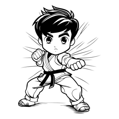 Karate boy. Black and white vector illustration for coloring boo