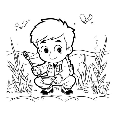 Boy with a fishing rod in the field. Coloring book for children