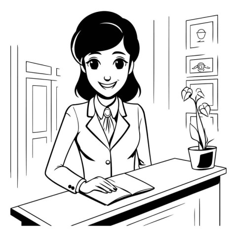 Vector illustration of a business woman sitting at her desk in t