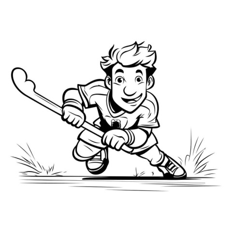 Hockey player running with a stick. black and white vector illus