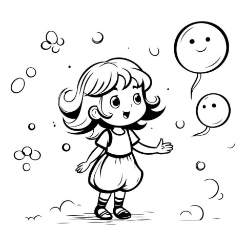 Cute little girl playing with balloons. black and white vector i