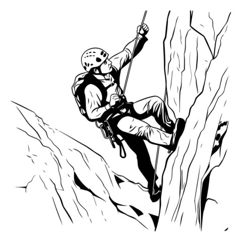 Climber on the cliff. Black and white vector illustration.