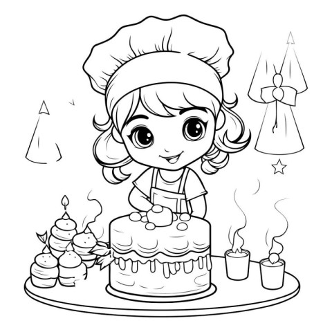 Coloring Page Outline Of a Cute Little Girl Chef with Cake