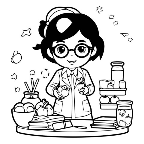 Black and white illustration of a girl in a science class. Color