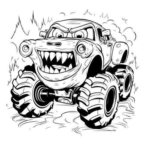 Cartoon monster truck in the mud. Black and white vector illustr