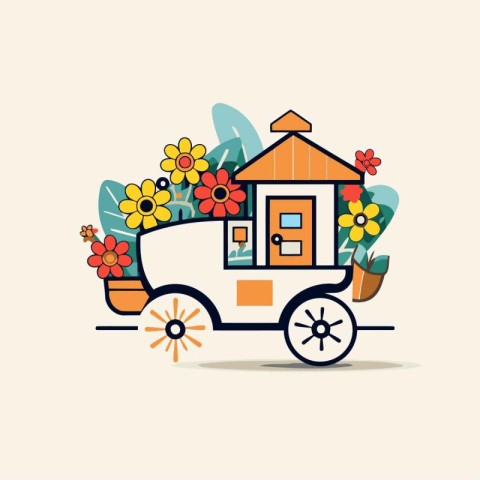 Flower cart with flowers in flat design style. Vector illustrati