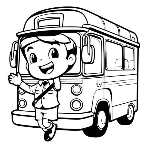 Boy in school bus - Black and White Cartoon Illustration. Vector