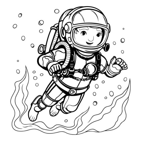 Cute little girl cosmonaut in the sea. Vector illustration.