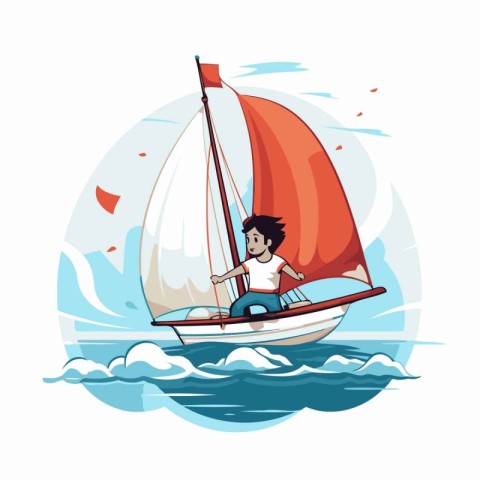 Man sailing on sailboat. Vector illustration in flat cartoon sty