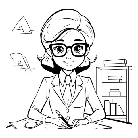 Business woman working at the office. Black and white vector ill