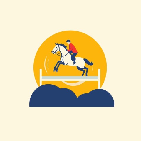 Illustration of horse and jockey jumping over obstacles. Flat de