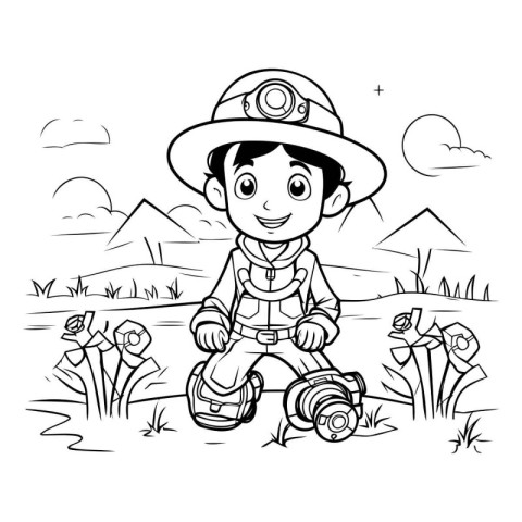 Boy in safari costume playing with toy car. vector illustration.